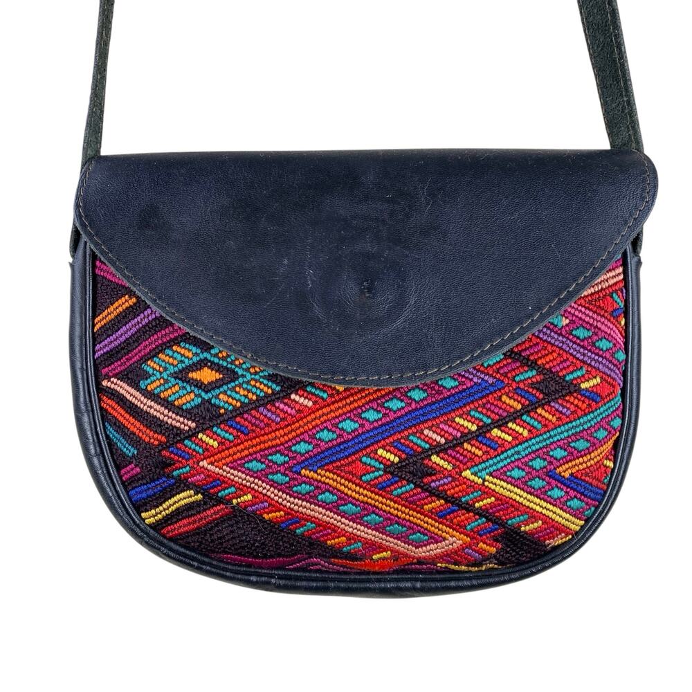 Boho Colorful Embroidered and Black Leather Purse Crossbody New With Tag